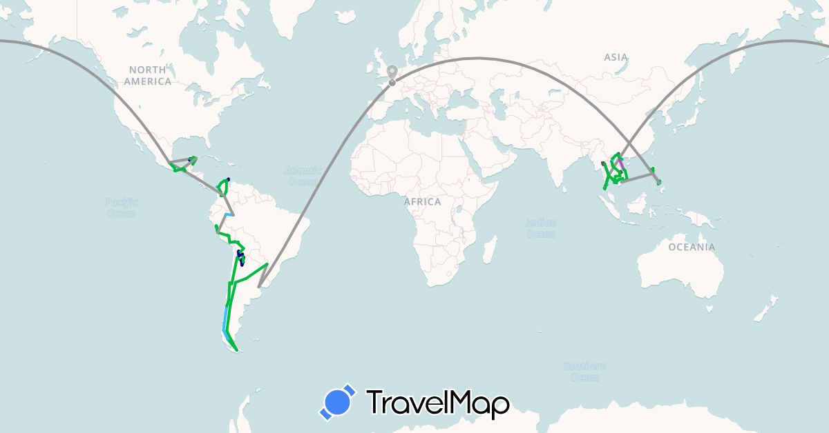 TravelMap itinerary: driving, bus, plane, train, hiking, boat, motorbike in Argentina, Bolivia, Chile, Colombia, France, Cambodia, Laos, Mexico, Peru, Philippines, Thailand, Vietnam (Asia, Europe, North America, South America)